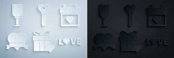 Set Gift box and heart, Calendar with, Heart ribbon, Love text, Key in shape and Wine glass icon. Vector — Vetor de Stock