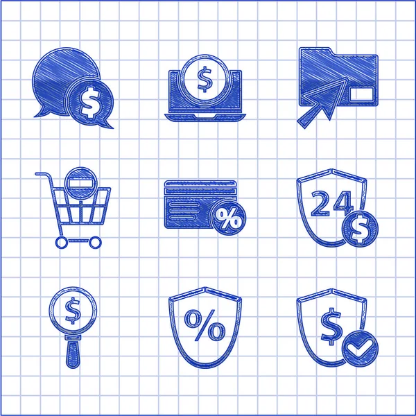 Set Discount card with percent, Loan, Shield dollar, Magnifying glass and, Remove shopping cart, Cursor click document folder and Speech bubble icon. Vector — Stockvektor