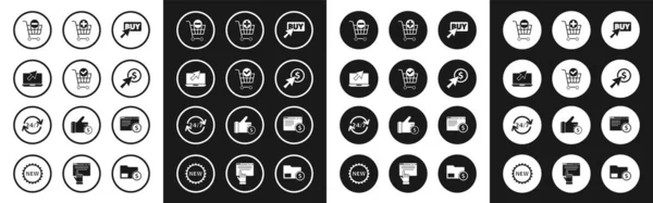 Set Buy button, Shopping cart with check mark, Laptop and cursor, Remove shopping, Cursor coin, Add, Online screen and Clock 24 hours icon. Vector — Vettoriale Stock