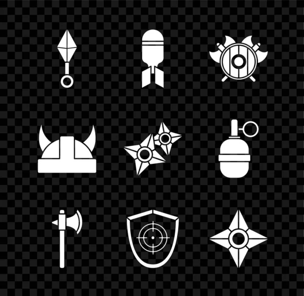 Set Japanese ninja shuriken, Aviation bomb, Medieval shield with crossed axes, Target sport, Viking horned helmet and icon. Vector — Vector de stock