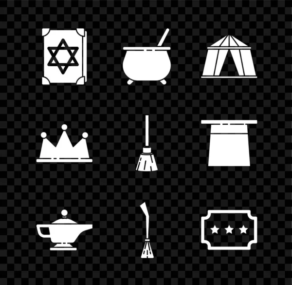 Set Ancient magic book, Witch cauldron, Circus tent, Magic lamp or Aladdin, Witches broom, Ticket, Crown and icon. Vector — Stockvektor