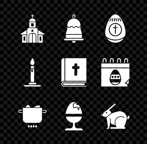 Set Church building, Ringing bell, Easter egg, Egg hot pot, Chicken on stand, rabbit, Burning candle candlestick and Holy bible book icon. Vector — Vector de stock