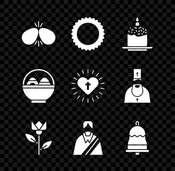 Set Easter eggs, Sun, cake and candle, Flower tulip, Jesus Christ, Ringing bell, Basket with easter and Christian cross heart icon. Vector — Archivo Imágenes Vectoriales