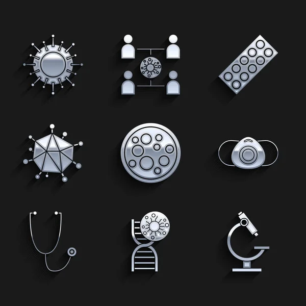 Set Virus, DNA symbol and virus, Microscope, Medical protective mask, Stethoscope, Pills in blister pack and icon. Vector — Stockový vektor