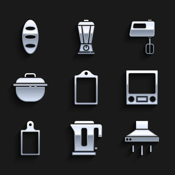 Set Cutting board, Electric kettle, Kitchen extractor fan, Electronic scales, Cooking pot, mixer and Bread loaf icon. Vector — Image vectorielle