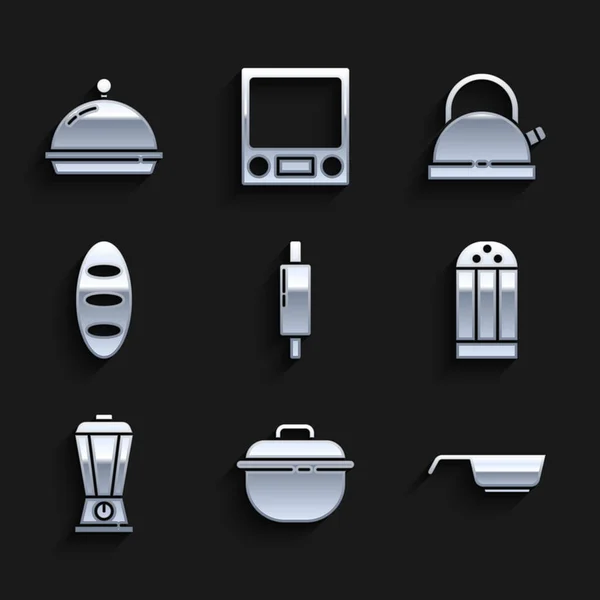 Set Rolling pin, Cooking pot, Frying pan, Salt, Blender, Bread loaf, Kettle with handle and Covered tray of food icon. Vector — Image vectorielle