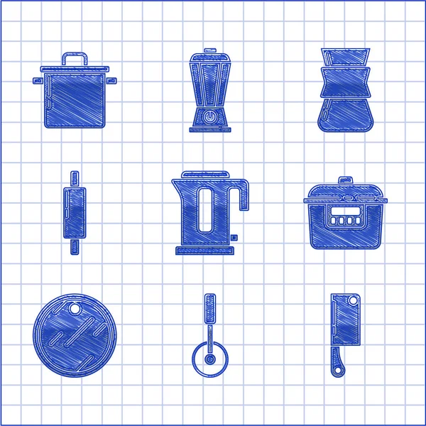 Set Electric kettle, Pizza knife, Meat chopper, Slow cooker, Cutting board, Rolling pin, Coffee turk and Cooking pot icon. Vector — Stockvector