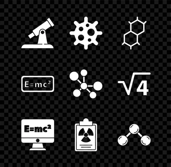 Set Telescope, Virus, Chemical formula, Equation solution, Radiation warning document, Molecule, and icon. Vector — Wektor stockowy