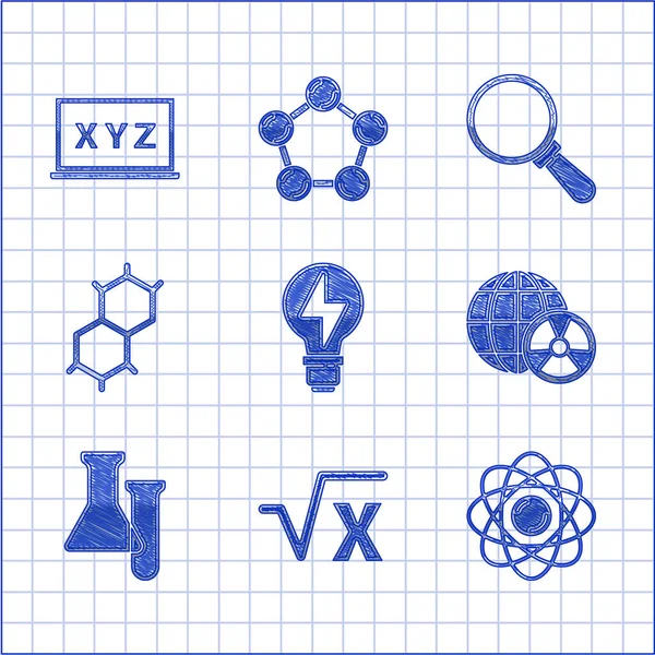 Set Light bulb with lightning, Square root of x glyph, Atom, Planet earth and radiation, Test tube flask, Chemical formula, Magnifying glass and XYZ Coordinate system icon. Vector — стоковый вектор
