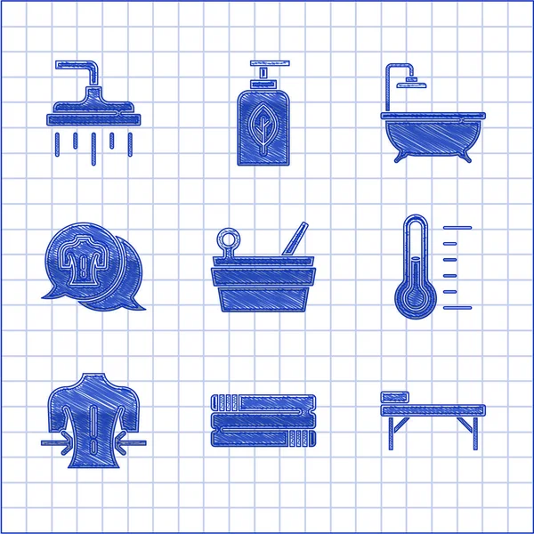 Set Sauna bucket and ladle, Towel stack, Massage table, thermometer, Bathtub and Shower head icon. Vector — Stockvector