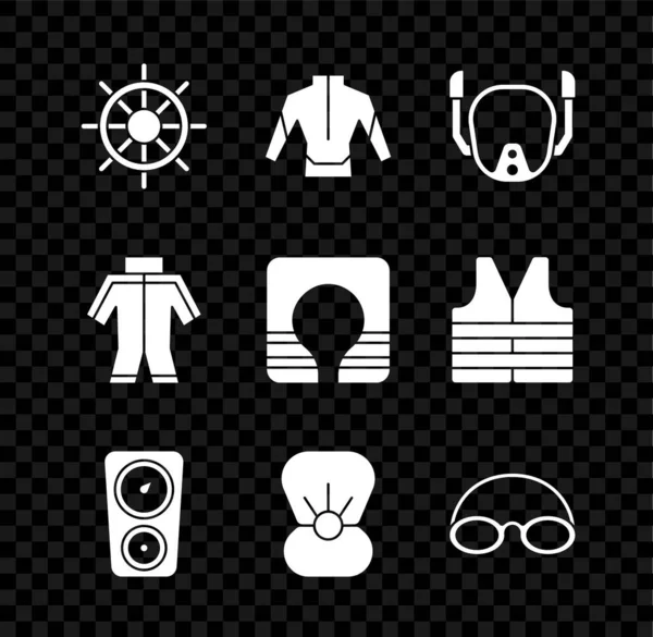 Set Ship steering wheel, Wetsuit, Diving mask, Gauge scale, Shell with pearl, Glasses and cap, and Life jacket icon. Vector — Stock Vector