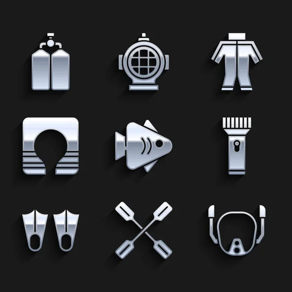 Set Fish, Paddle, Diving mask, Flashlight, Rubber flippers, Life jacket, Wetsuit and Aqualung icon. Vector — Vettoriale Stock