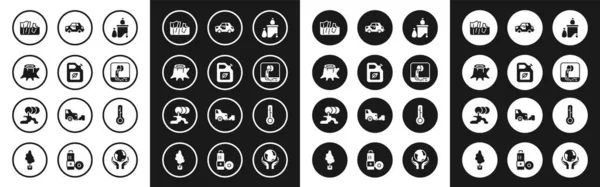 Set Full dustbin, Bio fuel canister, Tree stump, Glacier melting, Wastewater, Car, Meteorology thermometer and Barrel oil leak icon. Vector — Stockvector