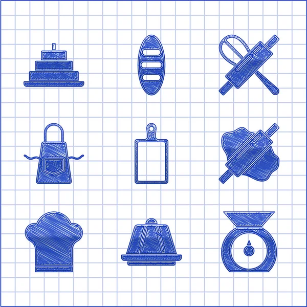 Set Cutting board, Pudding custard, Scales, Rolling pin on dough, Chef hat, Kitchen apron, whisk and rolling and Cake with burning candles icon. Vector —  Vetores de Stock