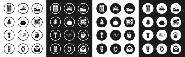 Set Snowfall, Christmas covered with tray, tree, New year goals list, Vinyl player vinyl disk, Cake, Wooden beer mug and star icon. Vector — Stockvektor