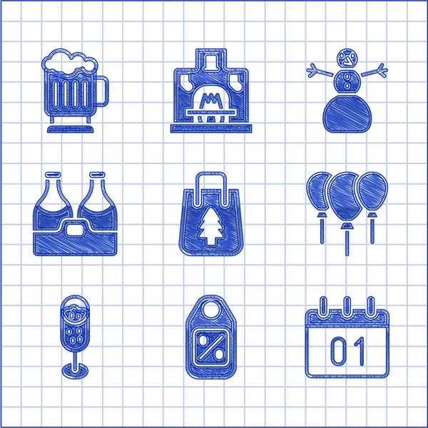 Set Christmas shopping bag, Price tag with Sale, Calendar, Balloons ribbon, Glass of champagne, Champagne bottle, snowman and Wooden beer mug icon. Vector — стоковый вектор