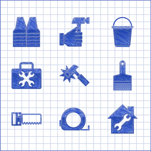 Set Hammer, Roulette construction, House repair, Paint brush, Hand saw, Toolbox, Bucket and Safety vest icon. Vector —  Vetores de Stock