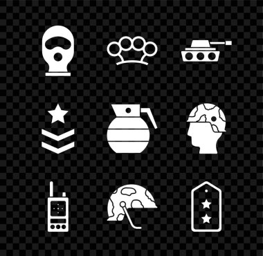 Set Balaclava, Brass knuckles, Military tank, Walkie talkie, helmet, rank, and Hand grenade icon. Vector