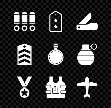 Set Bullet, Military rank, Swiss army knife, reward medal, Bulletproof vest, Jet fighter, Chevron and Canteen water bottle icon. Vector