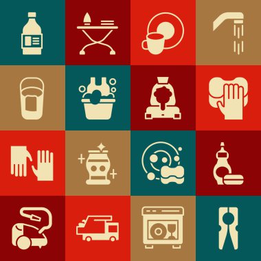 Set Clothes pin, Dishwashing liquid bottle, Cleaning service, Washing dishes, Basin with soap suds, Bucket rag, Bottle for cleaning agent and lady icon. Vector