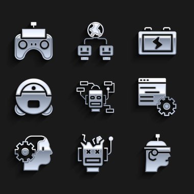 Set Robot, Broken robot, Smart glasses, Computer api interface, Humanoid, vacuum cleaner, Battery and Remote control icon. Vector