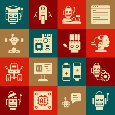 Set Robot, setting, for maintenance, humanoid driving car, Motherboard digital chip, Disassembled robot, and Mechanical hand icon. Vector