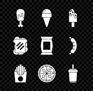 Set Chicken leg, Ice cream in waffle cone, Potatoes french fries box, Pizza, Paper glass with straw, Sandwich and Bag or packet potato chips icon. Vector