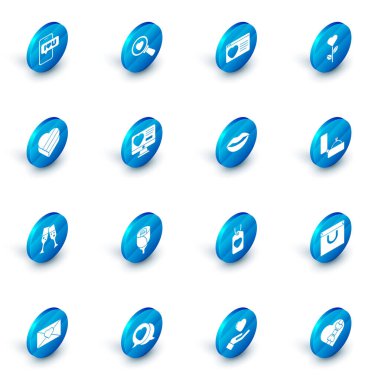 Set Search heart and love, Dating app online, Heart shape flower, Candy shaped box, Glass of champagne, Diamond engagement ring and Smiling lips icon. Vector