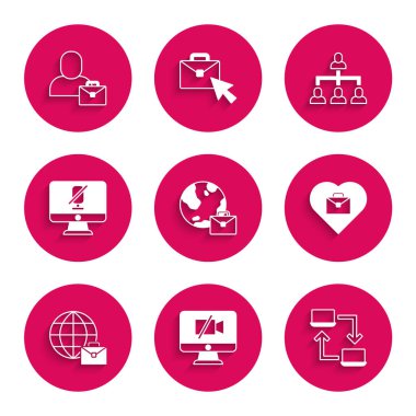 Set Online working, Video camera Off on computer, Heart with text, Mute microphone, Hierarchy organogram chart and Freelancer icon. Vector