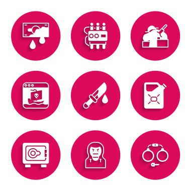 Set Bloody knife, Thief mask, Handcuffs, Canister fuel, Safe, Internet piracy, Murder and money icon. Vector