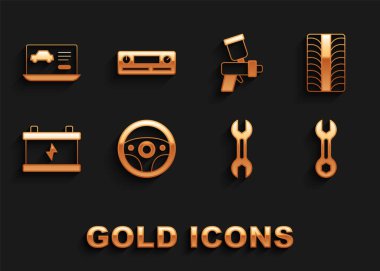 Set Steering wheel, Car tire, Wrench spanner, battery, Paint spray gun, Diagnostics condition of car and Audio icon. Vector