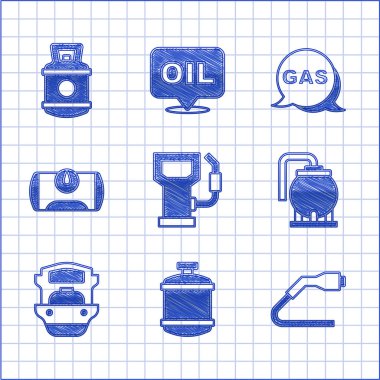 Set Petrol or gas station, Propane tank, Electrical cable plug charging, Oil storage, tanker ship, Gas for vehicle, Location and and icon. Vector