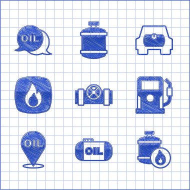 Set Metallic pipes and valve, Oil tank storage, Propane gas, Petrol station, Refill petrol fuel location, Fire flame, Gas for vehicle and Word oil icon. Vector