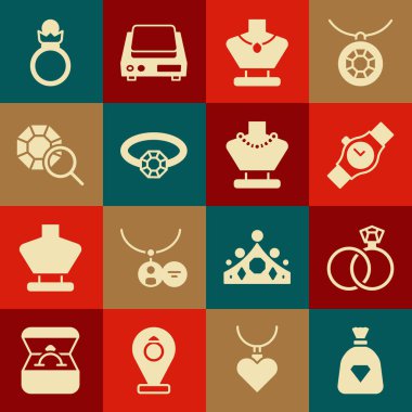 Set Bag with gems, Wedding rings, Wrist watch, Necklace on mannequin, Diamond engagement, Gem stone, and icon. Vector