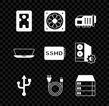 Set Hard disk drive HDD, Computer cooler, Video graphic card, USB, Electric plug, Server, Data, Web Hosting, Laptop and SSHD icon. Vector