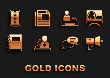 Set Breaking news, Megaphone, Speech bubble chat, Notebook, Television report, Information and News icon. Vector