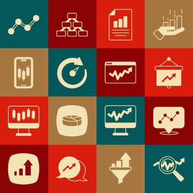 Set Search data analysis, Graph chart infographic, Board with, Document, Digital speed meter, Mobile stock trading, and icon. Vector
