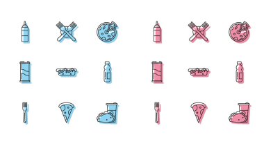 Set line Fork, Slice of pizza, Sauce bottle, Paper glass and taco with tortilla, Hotdog sandwich mustard, Bottle water, Soda can and Crossed fork icon. Vector