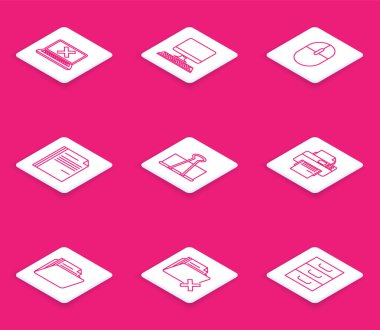 Set line Laptop and cross mark on screen, Computer monitor with keyboard, mouse, File document, Binder clip, Printer, Document folder and Delete icon. Vector