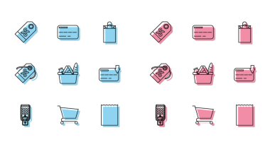 Set line POS terminal with printed reciept and confirms the payment by smartphone, Shopping cart, Discount percent tag, Paper shopping bag, basket food, Credit card, and icon. Vector