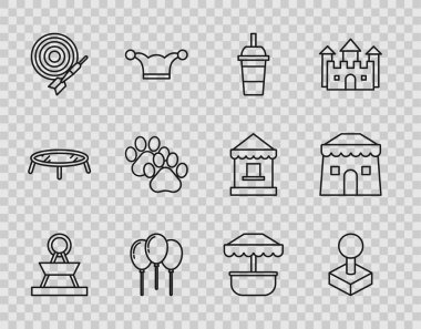 Set line Attraction carousel, Joystick for arcade machine, Paper glass with drinking straw and water, Balloons ribbon, Classic dart board arrow, Paw print, and Circus tent icon. Vector