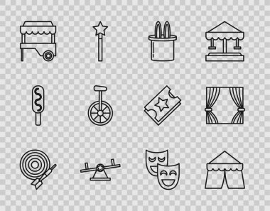 Set line Classic dart board and arrow, Circus tent, Magician hat rabbit ears, Seesaw, Fast street food cart with awning, Unicycle or one wheel bicycle, Comedy theatrical masks and Curtain icon. Vector