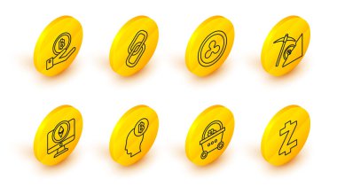 Set line Cryptocurrency coin Zcash ZEC, Shopping basket with bitcoin, Bitcoin think, Monitor and Ethereum ETH, cloud mining, Ripple XRP, Chain link and Hand holding icon. Vector