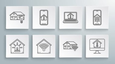 Set line Smart house and alarm, Mobile phone with temperature, home wi-fi, Computer monitor, Laptop, smart and light bulb icon. Vector