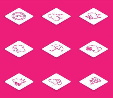 Set line Wind rose, Cloud with moon and stars, rain, Classic elegant opened umbrella, snow sun, Windy weather and Sun cloud icon. Vector