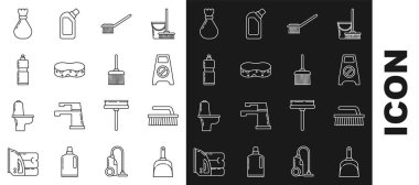 Set line Dustpan, Brush for cleaning, Wet floor and progress, Toilet brush, Sponge, Plastic bottles liquid dishwashing liquid, Garbage bag and Handle broom icon. Vector