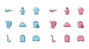 Set line Kitchen ladle, Cutting board, Frying pan, Toaster with toasts, Covered tray of food, Cooking pot and kitchen timer, Measuring cup and apron icon. Vector