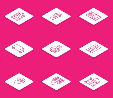 Set line Verification of delivery list clipboard, Coffee cup, Postcard, Delivery cargo truck vehicle, Mobile phone with app tracking, Placeholder map paper and Scanner scanning bar code icon. Vector