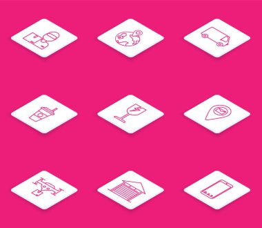 Set line Delivery man with cardboard boxes, Worldwide, cargo truck vehicle, Coffee cup, Fragile broken glass symbol, Placeholder on map paper, drone the package and Closed warehouse icon. Vector