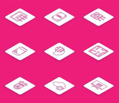 Set line Tablet, SSD card, Remote control, Voice assistant, Human brain digital circuit board, Processor, Video graphic and Cloud technology data transfer and storage icon. Vector